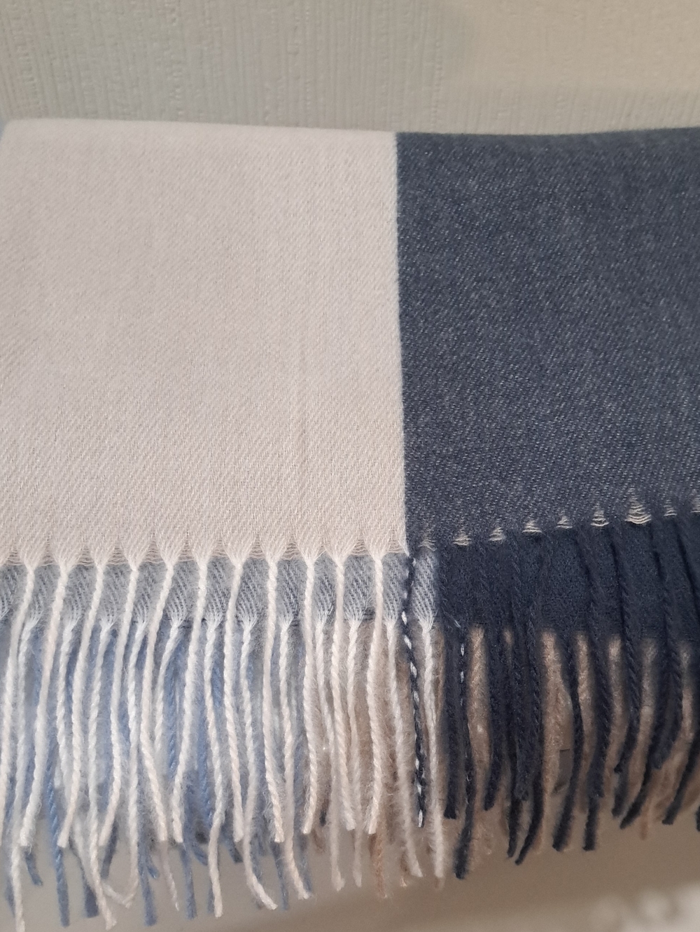 pashmina Blue and White Block Fringe Scarf Wrap